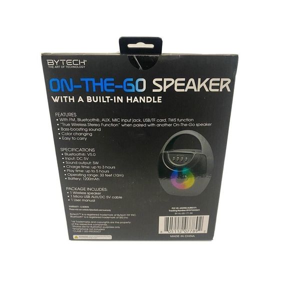 BYTECH ON THE GO SPEAKER BLUETOOTH FM RADIO USB/TF CARD COLOR CHANGE AUX INPUT. - Picture 3 of 3